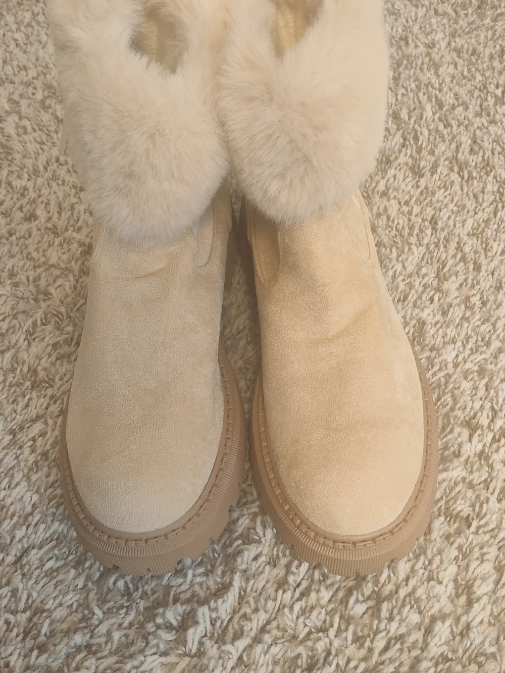 Plush Faux Fur-Trim Suede Winter Ankle Boots in Light Beige